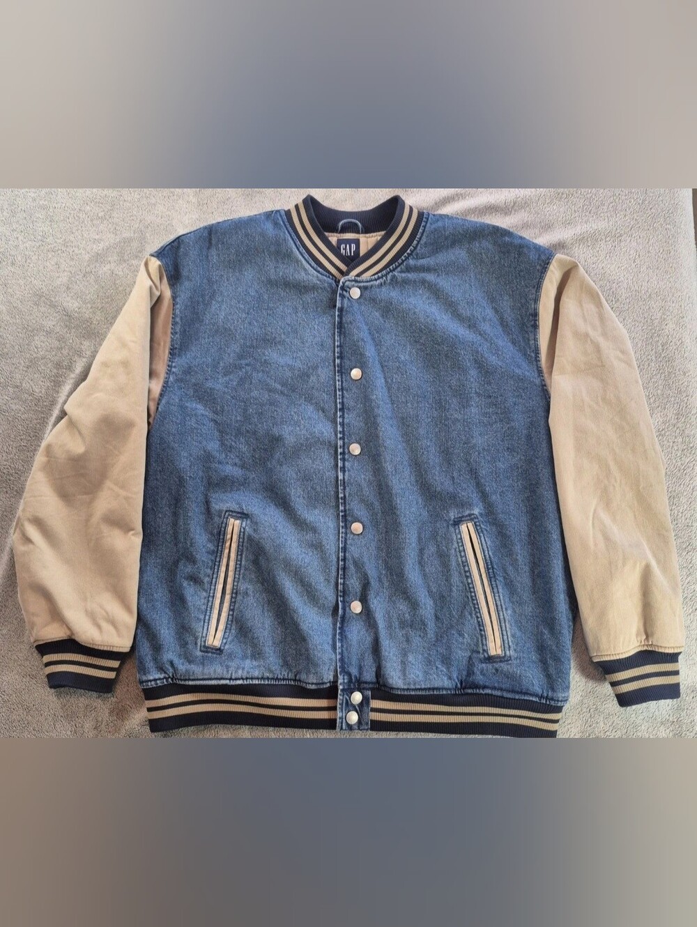 GAP Denim Varsity Jacket in Blue with Cream Sleeves